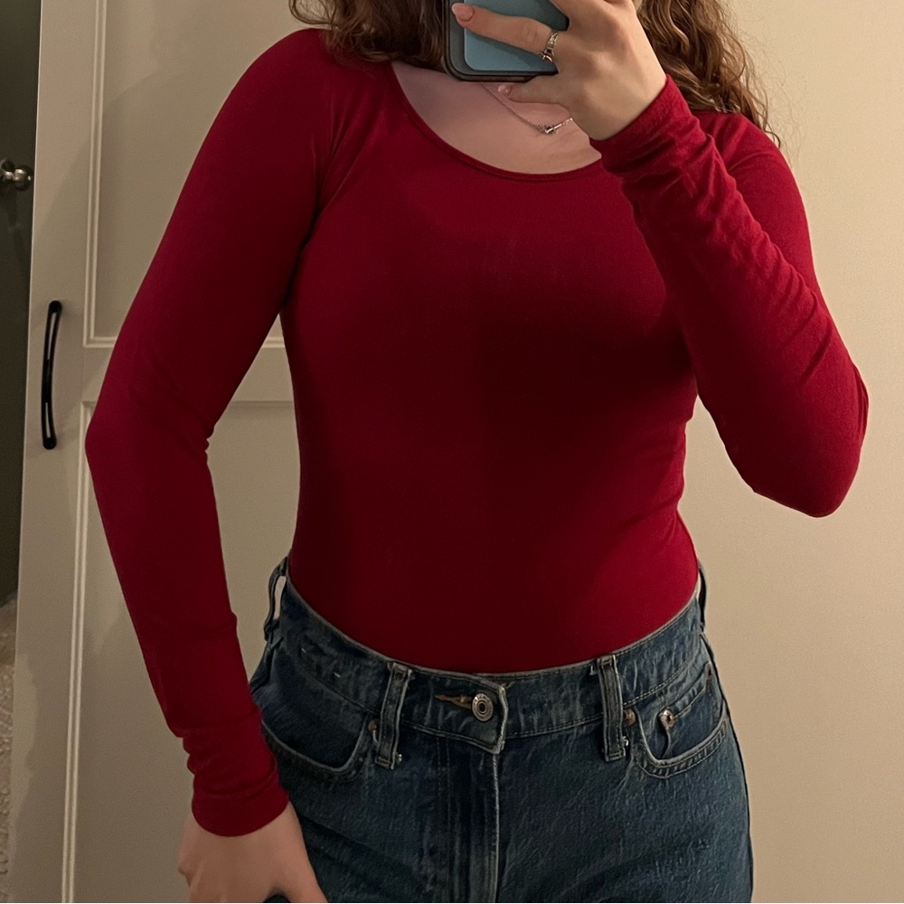 Forever 21 Red Long-Sleeve Scoop Neck Bodysuit